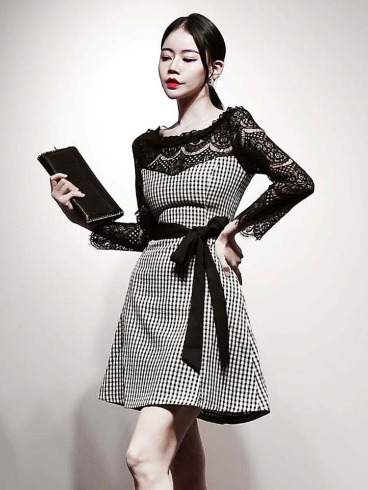 Houndstooth ladies pinched waist slim frenum dress