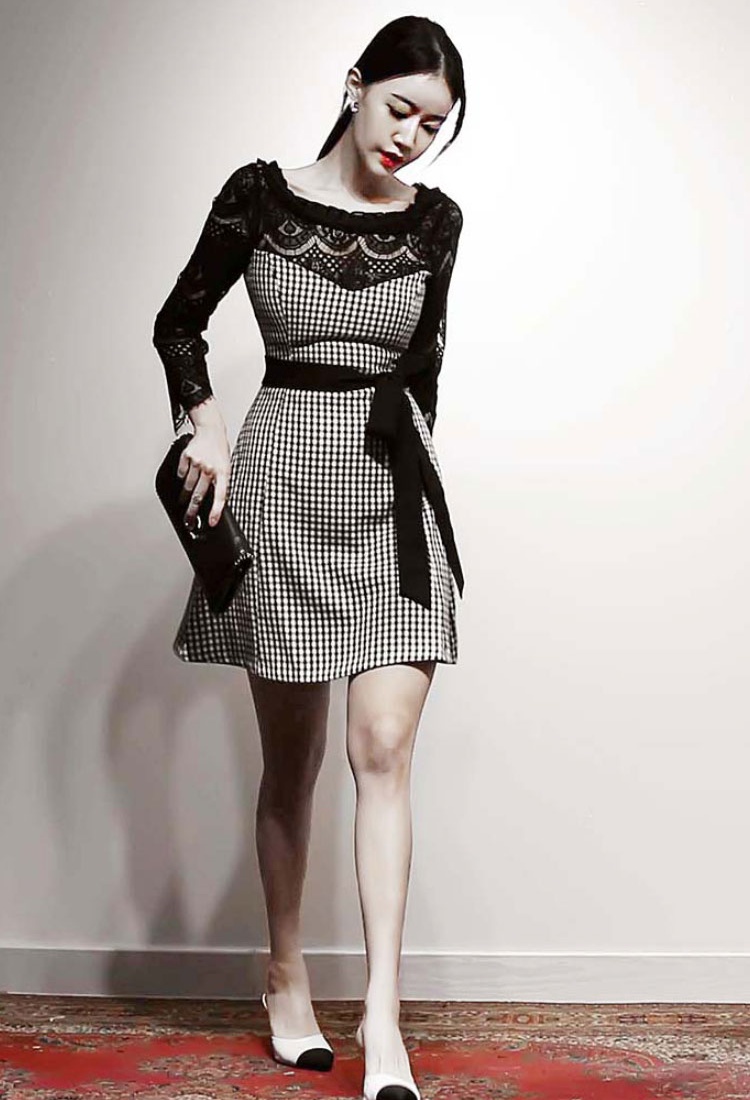 Houndstooth ladies pinched waist slim frenum dress