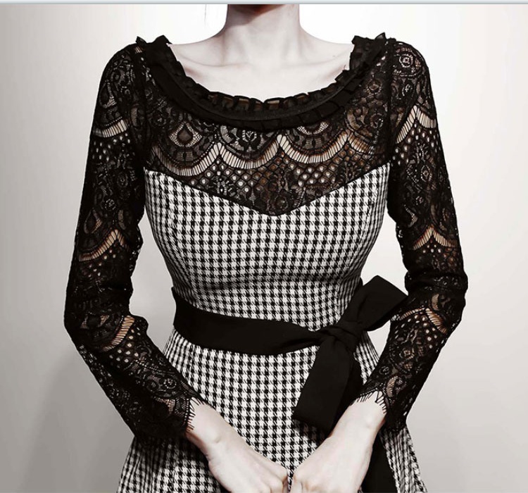 Houndstooth ladies pinched waist slim frenum dress