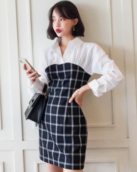 Splice long sleeve package hip Pseudo-two dress