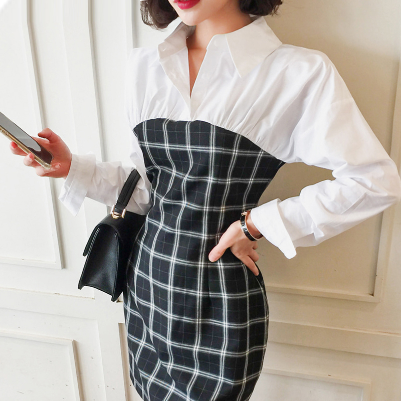 Splice long sleeve package hip Pseudo-two dress