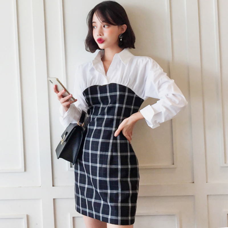 Splice long sleeve package hip Pseudo-two dress