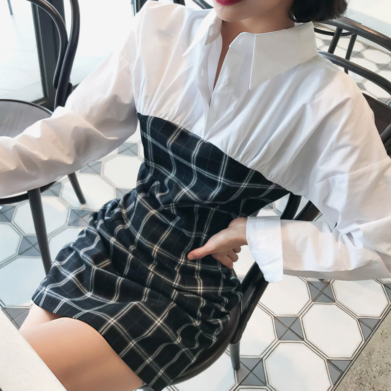 Splice long sleeve package hip Pseudo-two dress