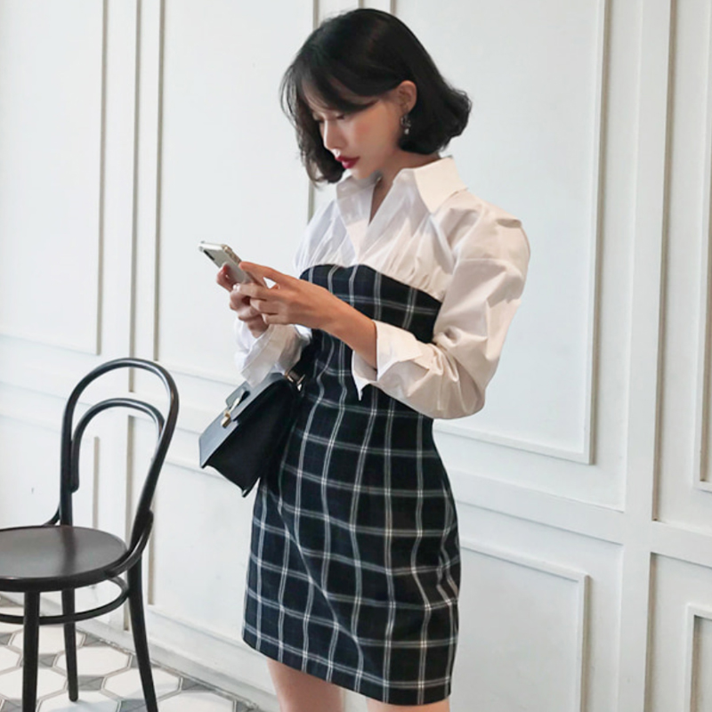Splice long sleeve package hip Pseudo-two dress