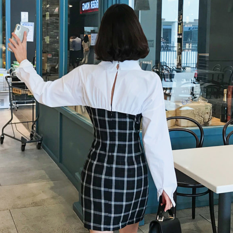 Splice long sleeve package hip Pseudo-two dress