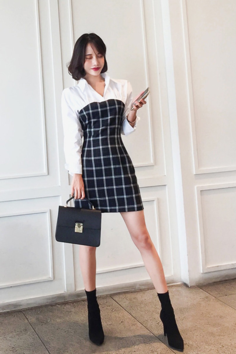Splice long sleeve package hip Pseudo-two dress