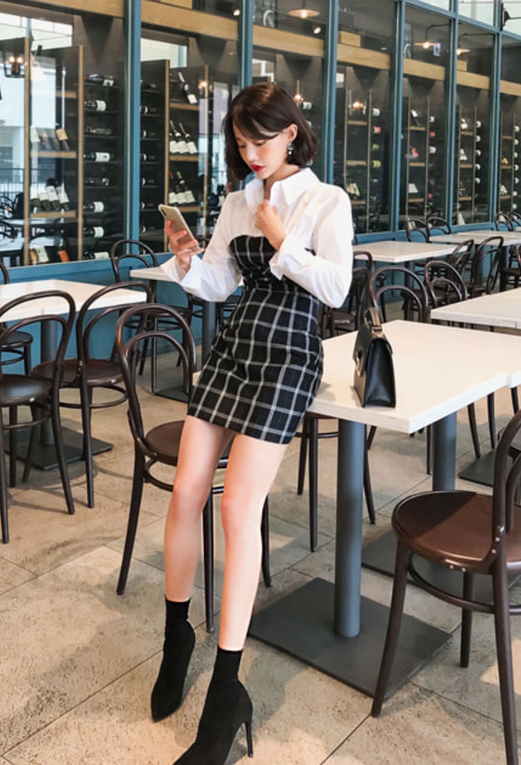 Splice long sleeve package hip Pseudo-two dress