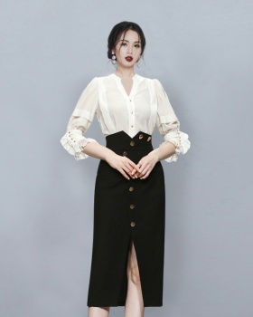 High waist split skirt ladies shirt 2pcs set for women