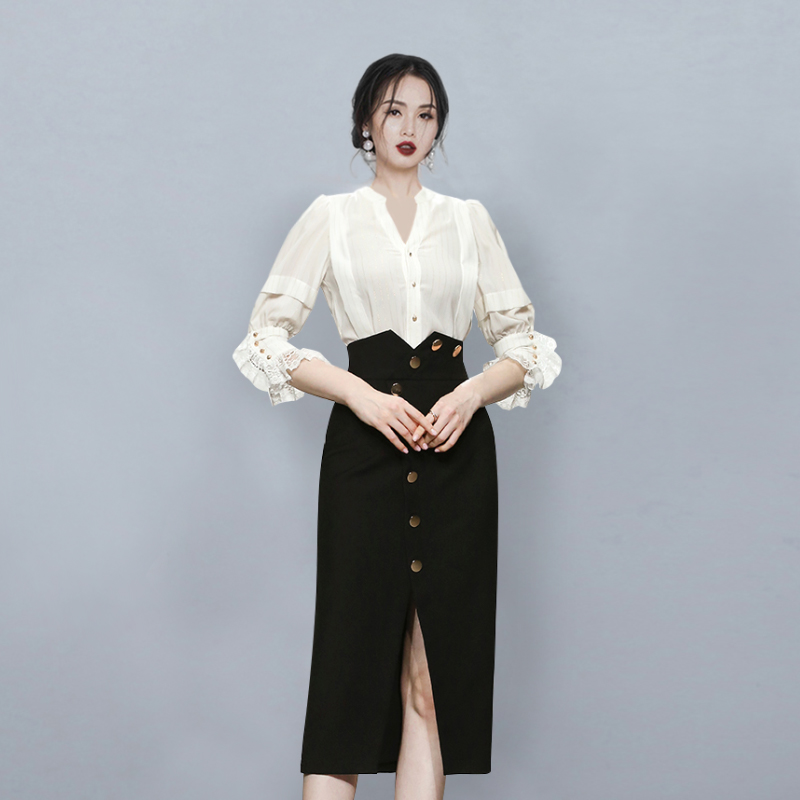 High waist split skirt ladies shirt 2pcs set for women