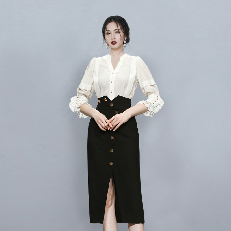 High waist split skirt ladies shirt 2pcs set for women