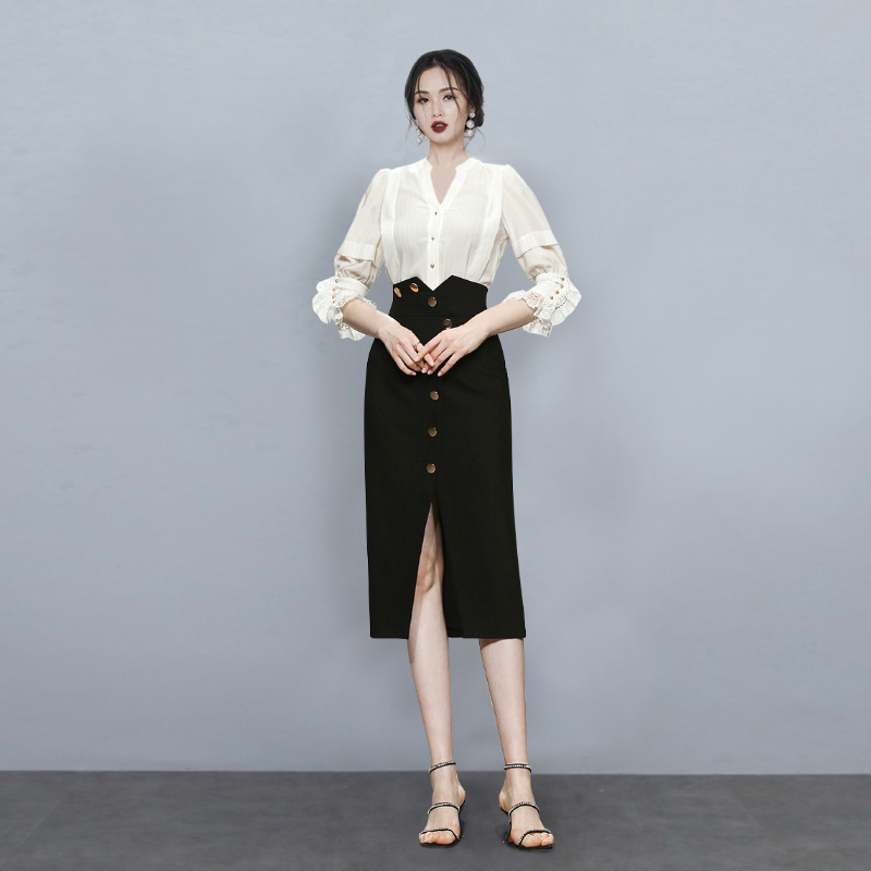 High waist split skirt ladies shirt 2pcs set for women