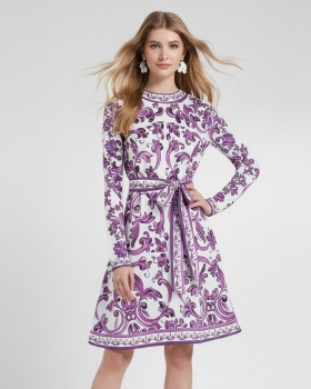 Bow high waist printing slim round neck long sleeve dress
