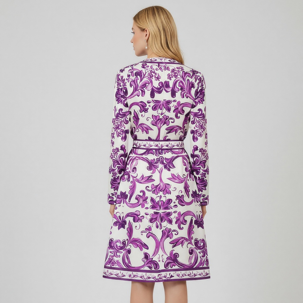 Bow high waist printing slim round neck long sleeve dress