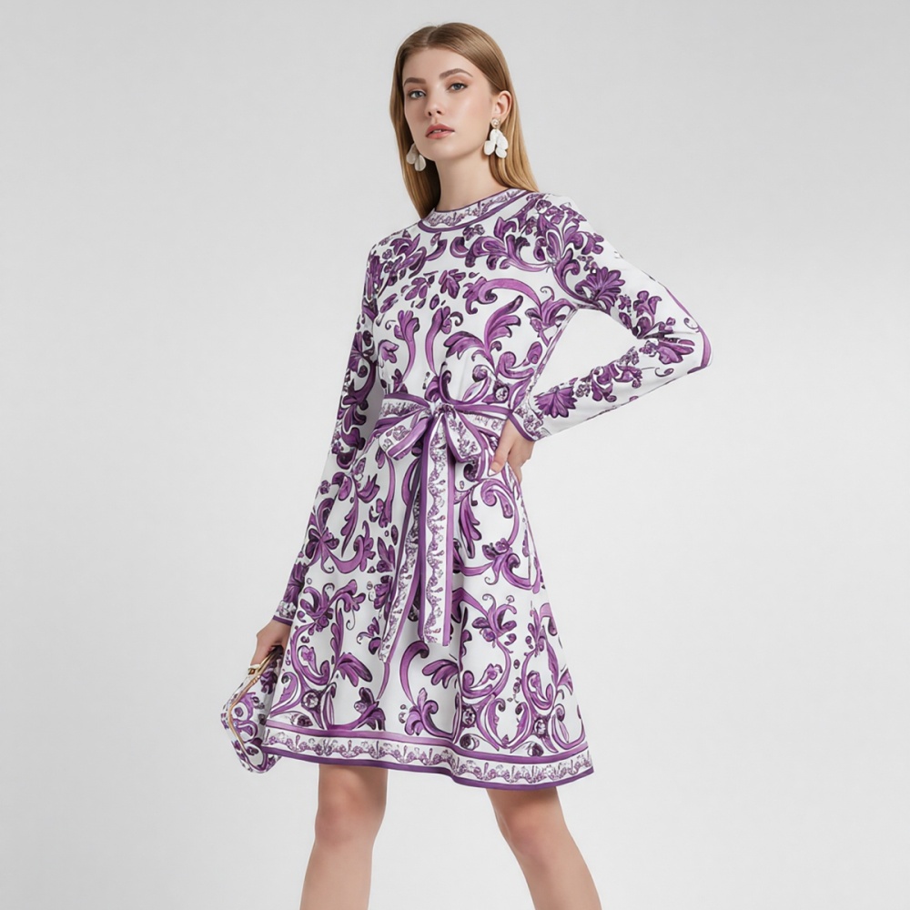Bow high waist printing slim round neck long sleeve dress