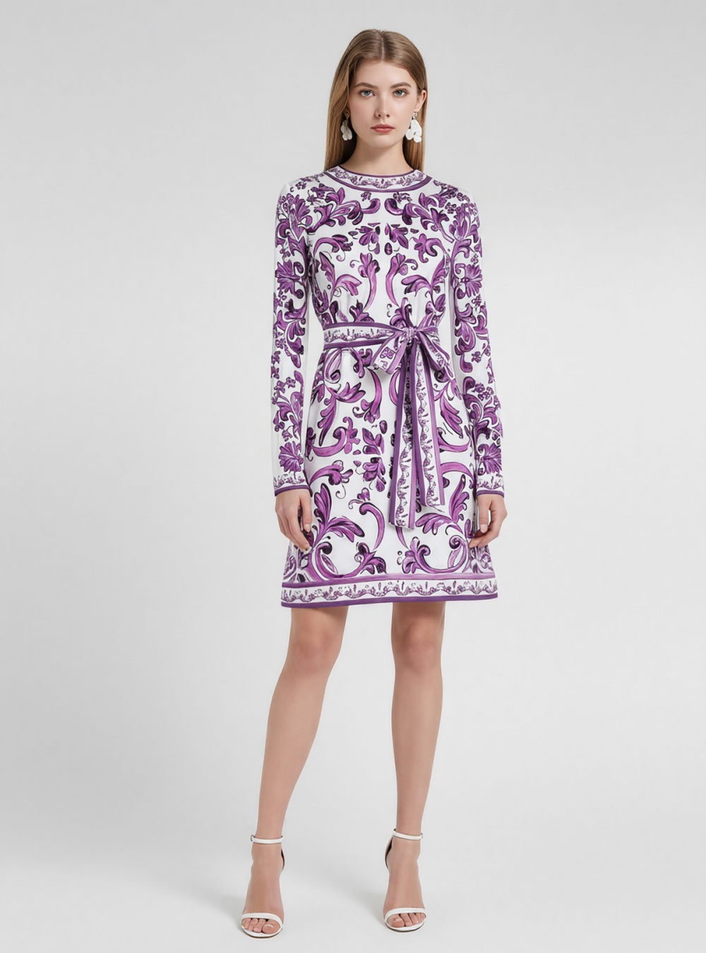 Bow high waist printing slim round neck long sleeve dress
