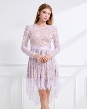 Long sleeve creased ladies city pinched waist dress