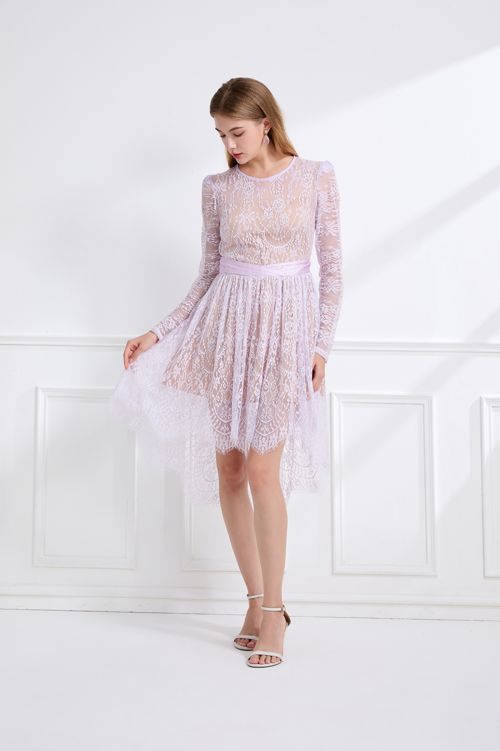 Long sleeve creased ladies city pinched waist dress