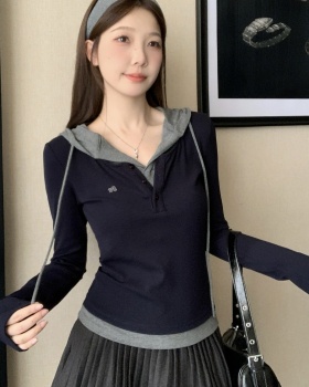 Long sleeve retro tops mixed colors all-match T-shirt