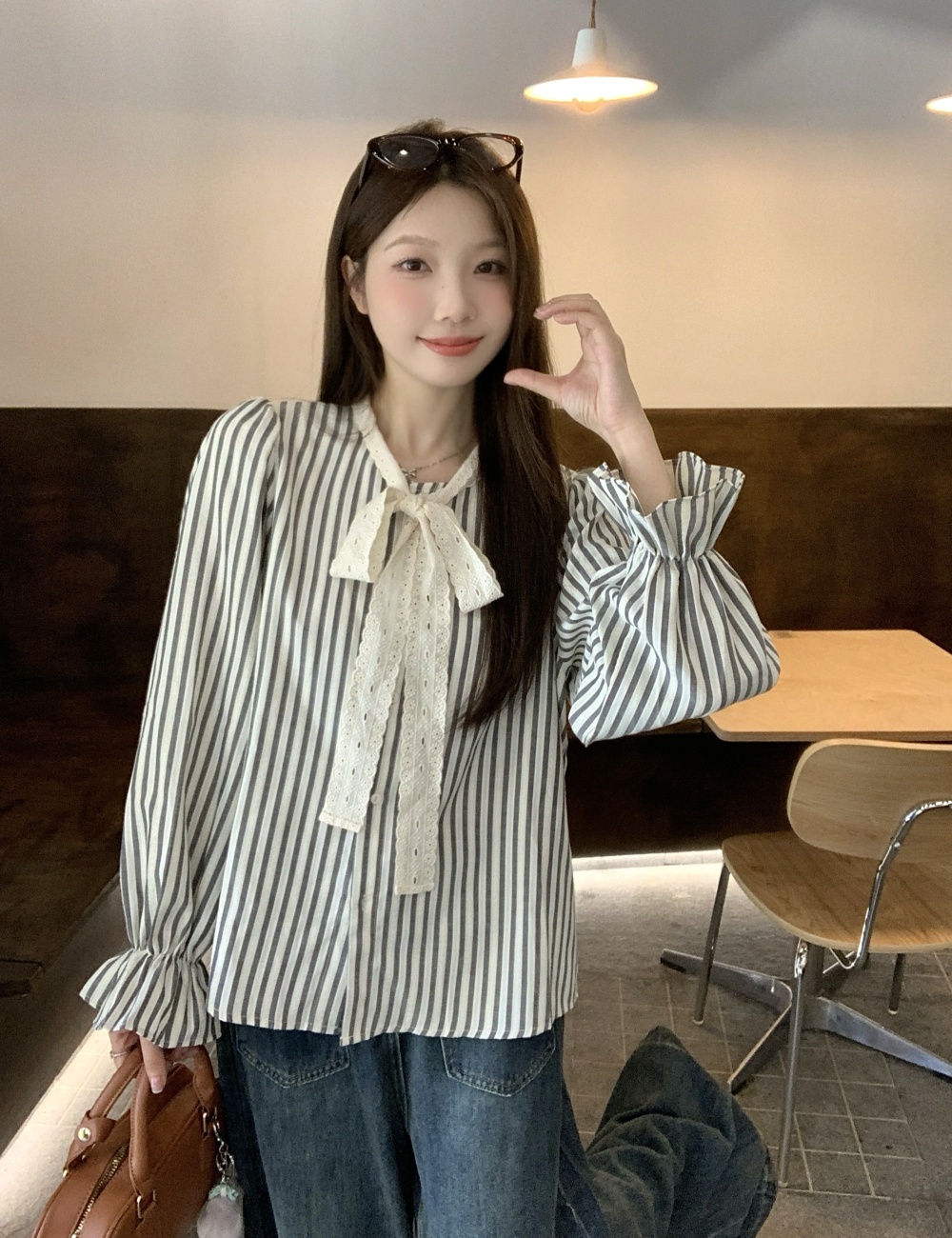 Bow stripe tops autumn large yard shirt for women