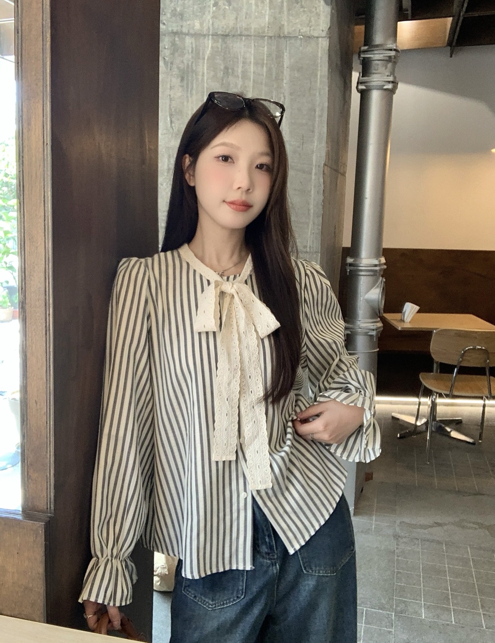 Bow stripe tops autumn large yard shirt for women