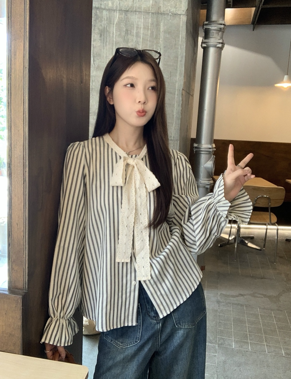 Bow stripe tops autumn large yard shirt for women