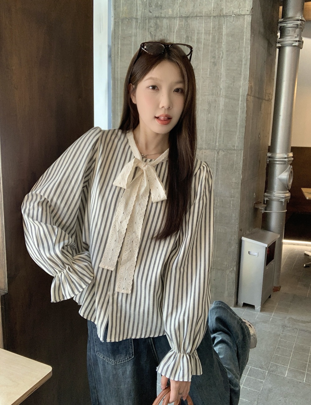 Bow stripe tops autumn large yard shirt for women