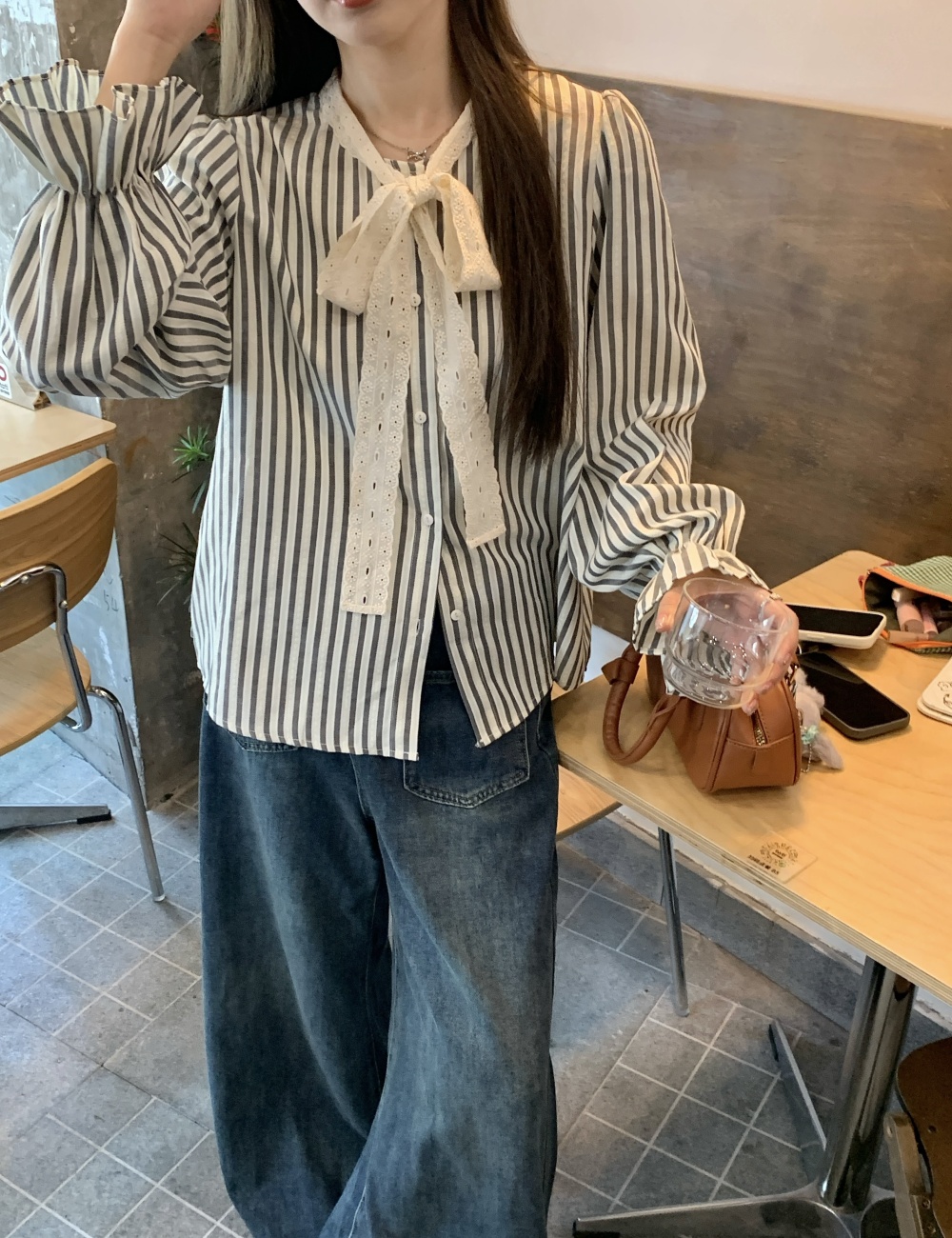 Bow stripe tops autumn large yard shirt for women