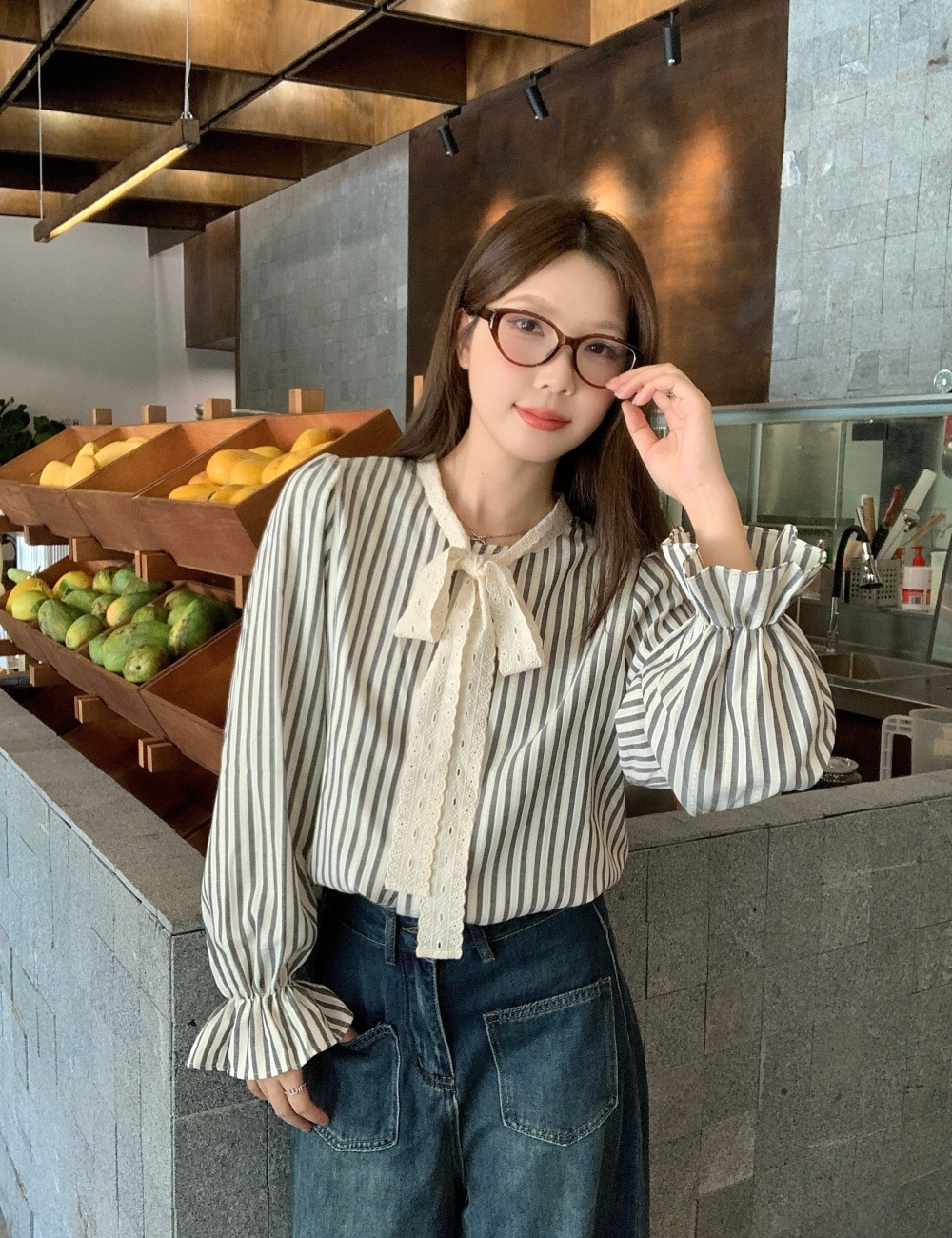 Bow stripe tops autumn large yard shirt for women