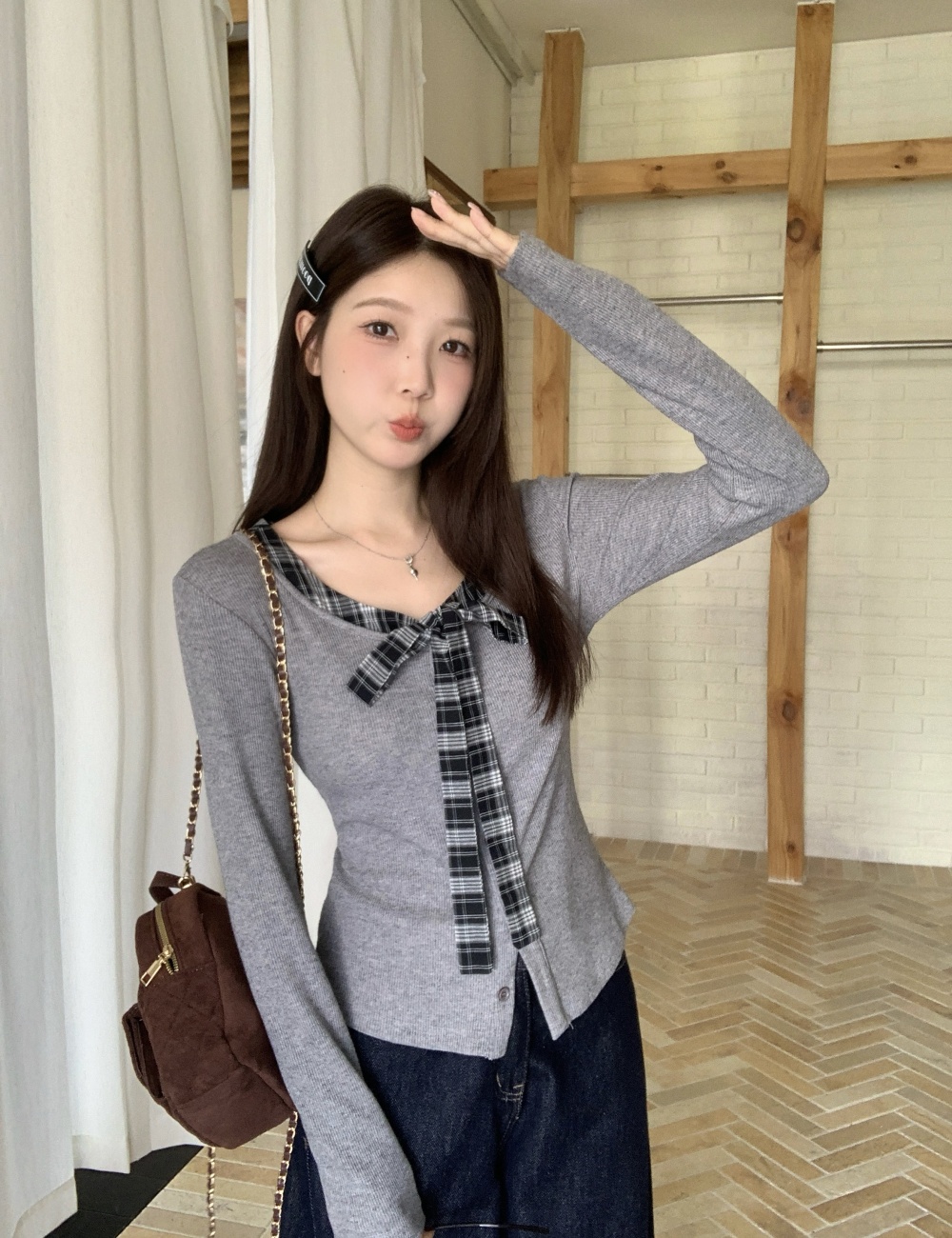 Large yard Pseudo-two long sleeve plaid autumn tops for women