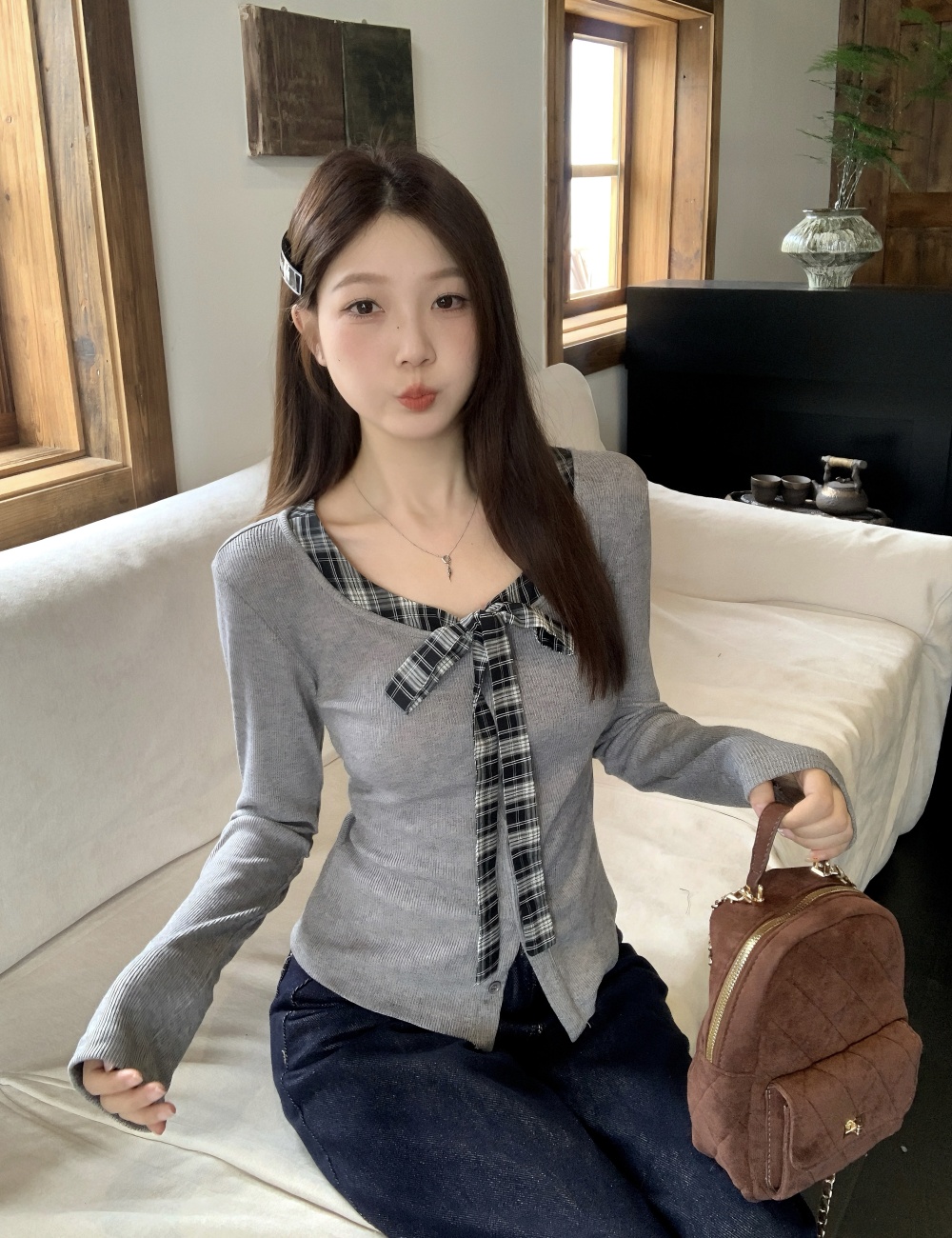 Large yard Pseudo-two long sleeve plaid autumn tops for women