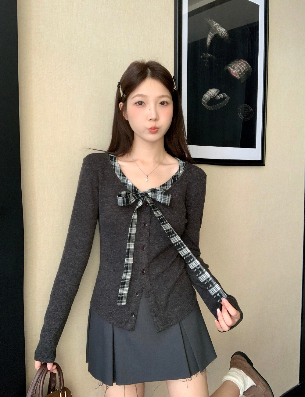 Large yard Pseudo-two long sleeve plaid autumn tops for women