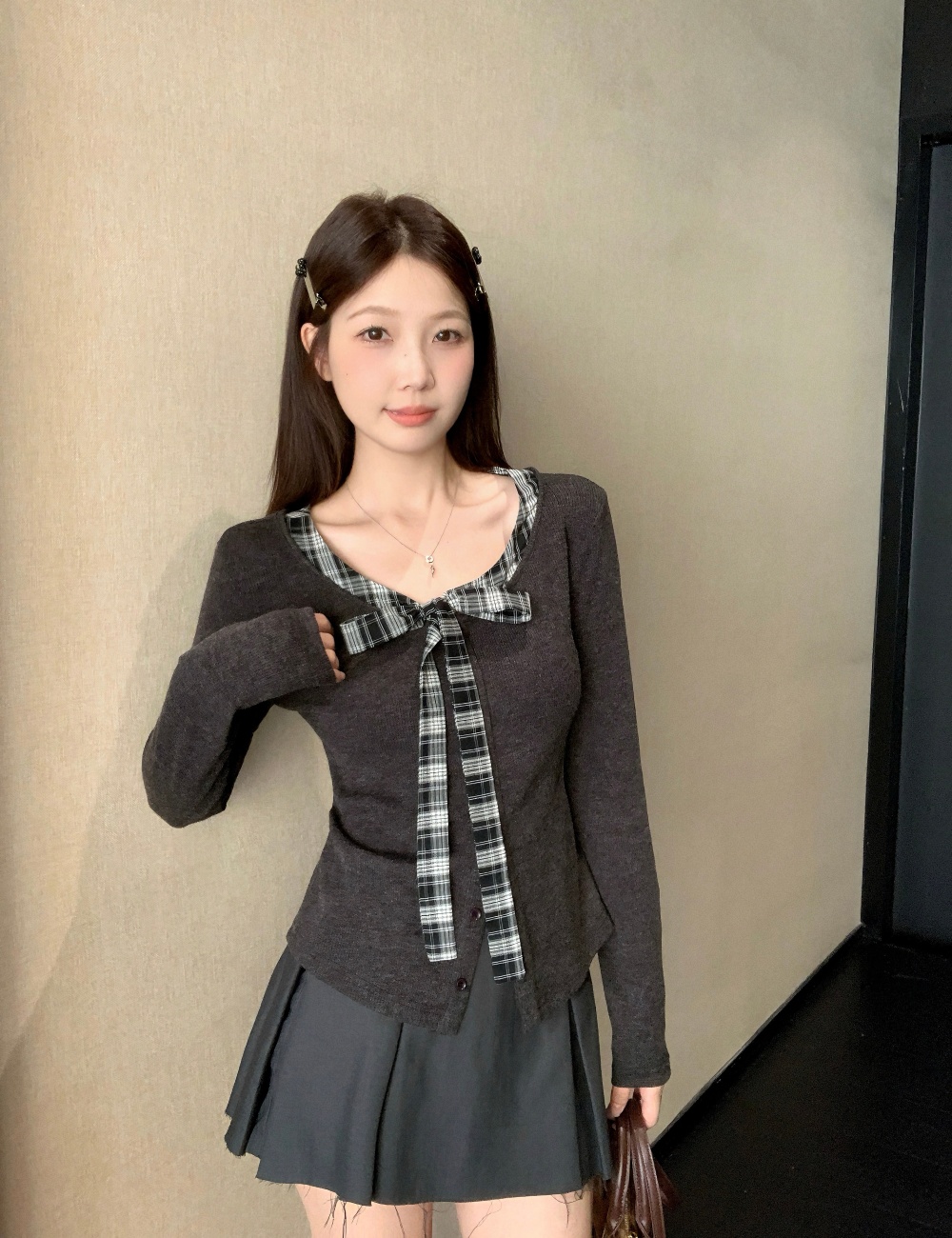 Large yard Pseudo-two long sleeve plaid autumn tops for women