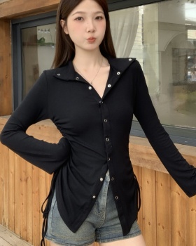 Trumpet sleeves spicegirl tops pinched waist T-shirt