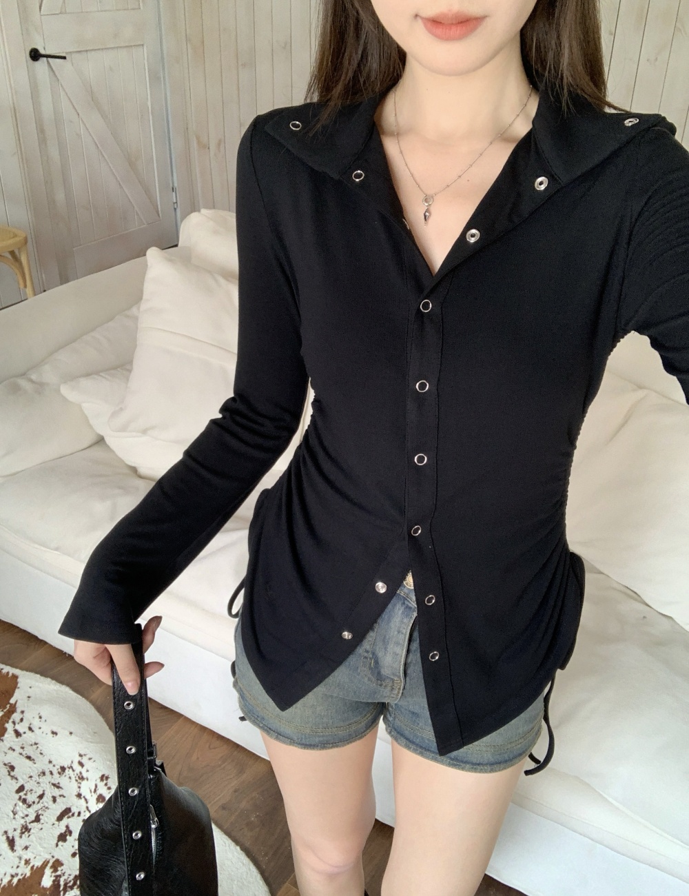 Trumpet sleeves spicegirl tops pinched waist T-shirt