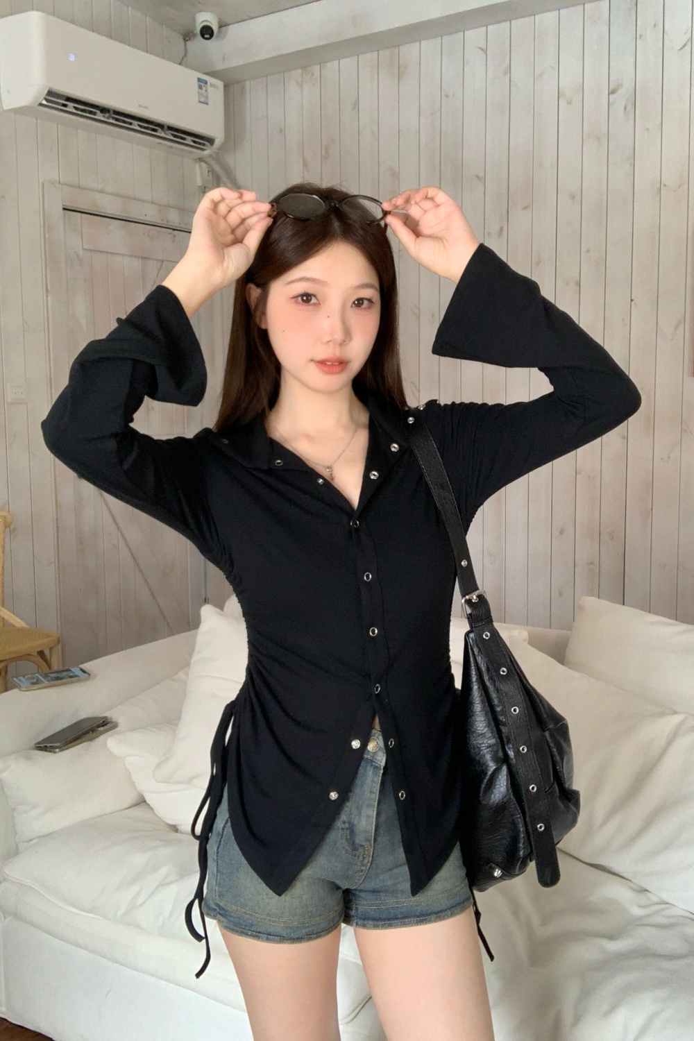 Trumpet sleeves spicegirl tops pinched waist T-shirt