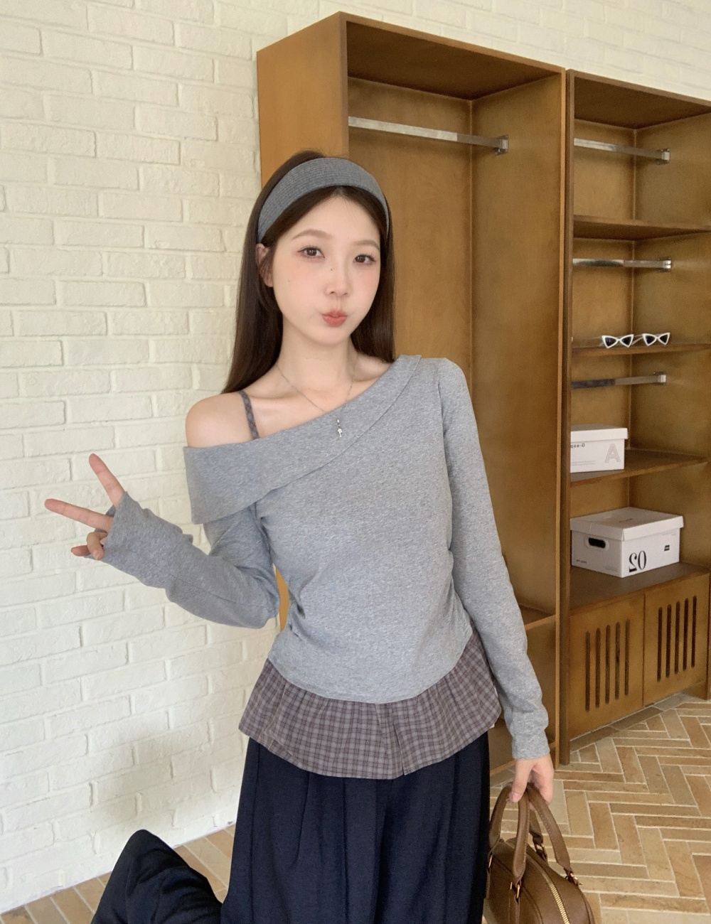 Splice Korean style autumn tops slim Pseudo-two T-shirt