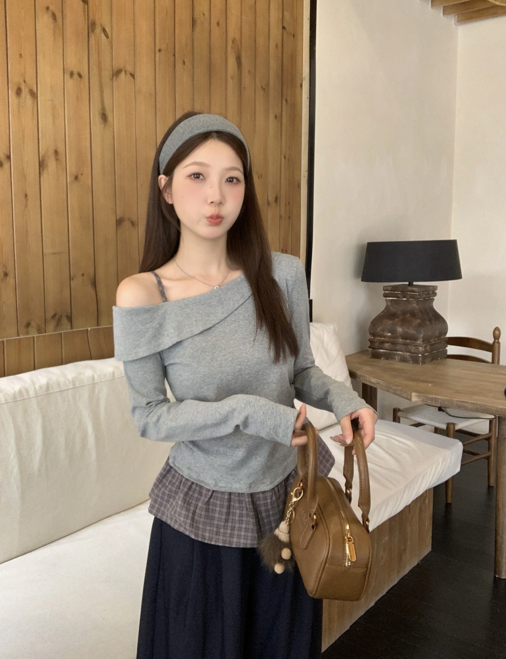 Splice Korean style autumn tops slim Pseudo-two T-shirt