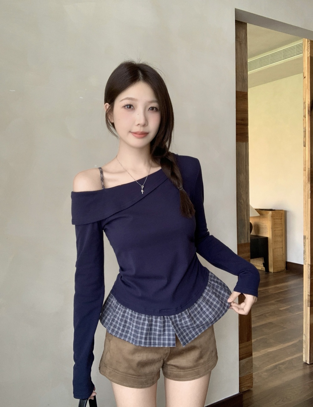 Splice Korean style autumn tops slim Pseudo-two T-shirt