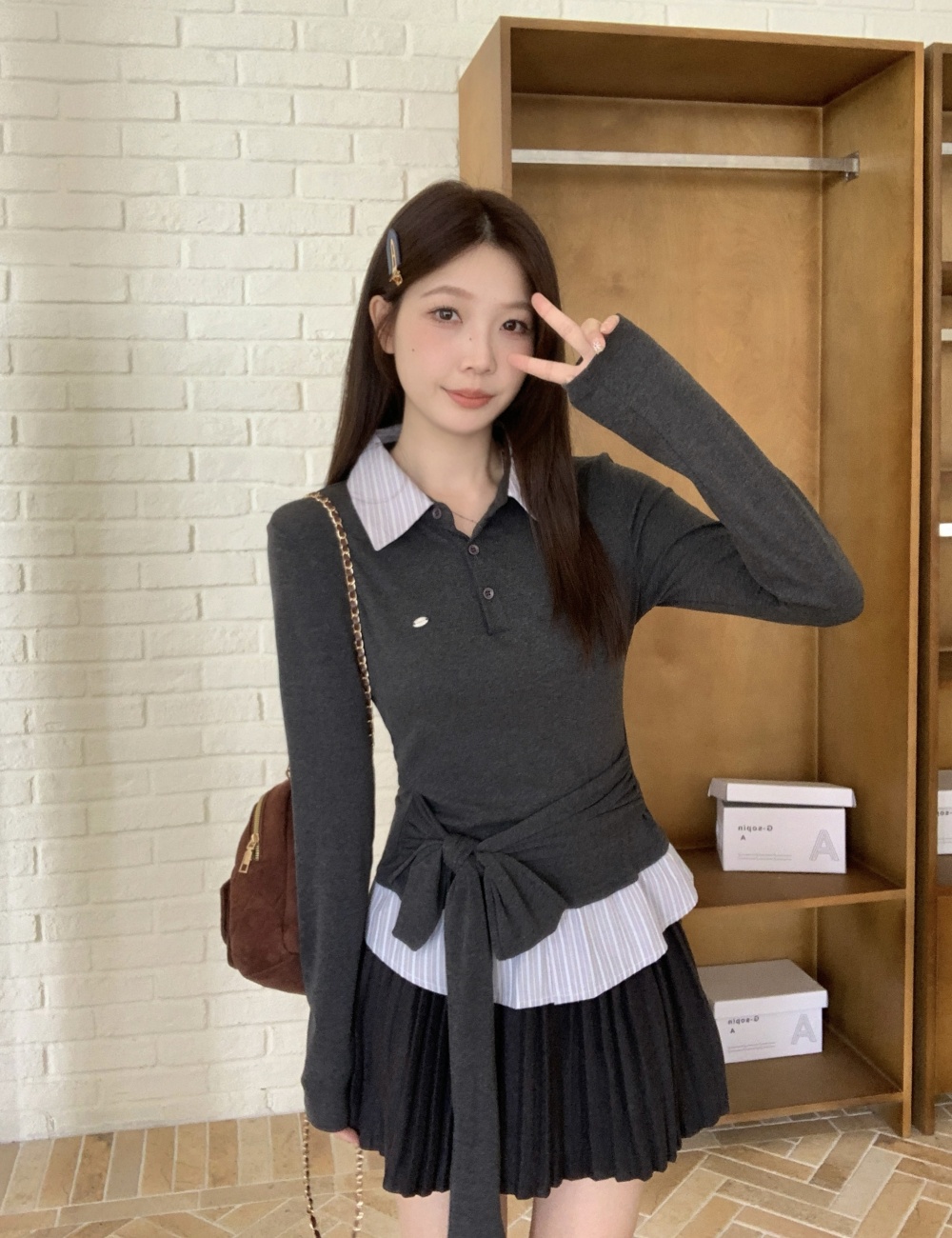 Pseudo-two long sleeve T-shirt splice bandage tops