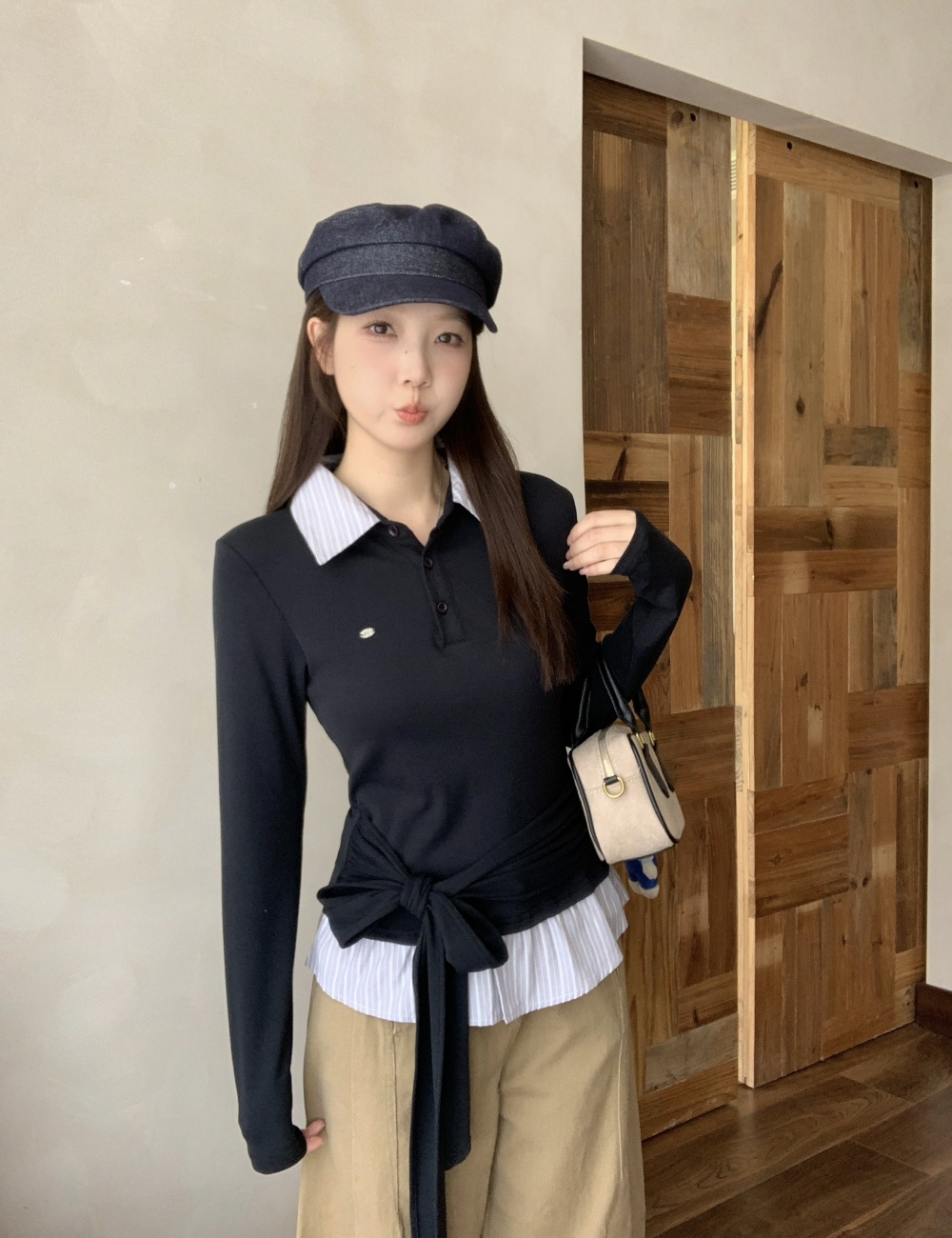 Pseudo-two long sleeve T-shirt splice bandage tops