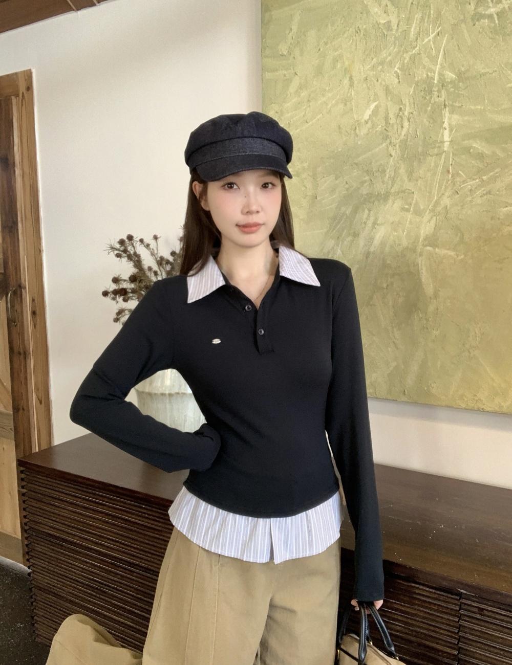 Pseudo-two long sleeve T-shirt splice bandage tops
