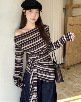 Korean style stripe tops large yard sloping shoulder T-shirt