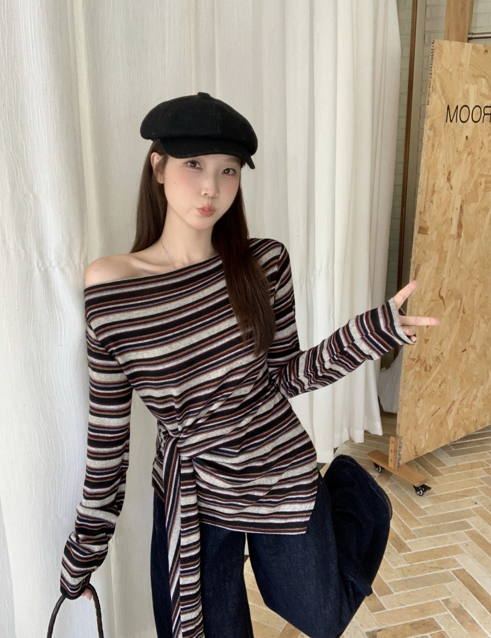 Korean style stripe tops large yard sloping shoulder T-shirt