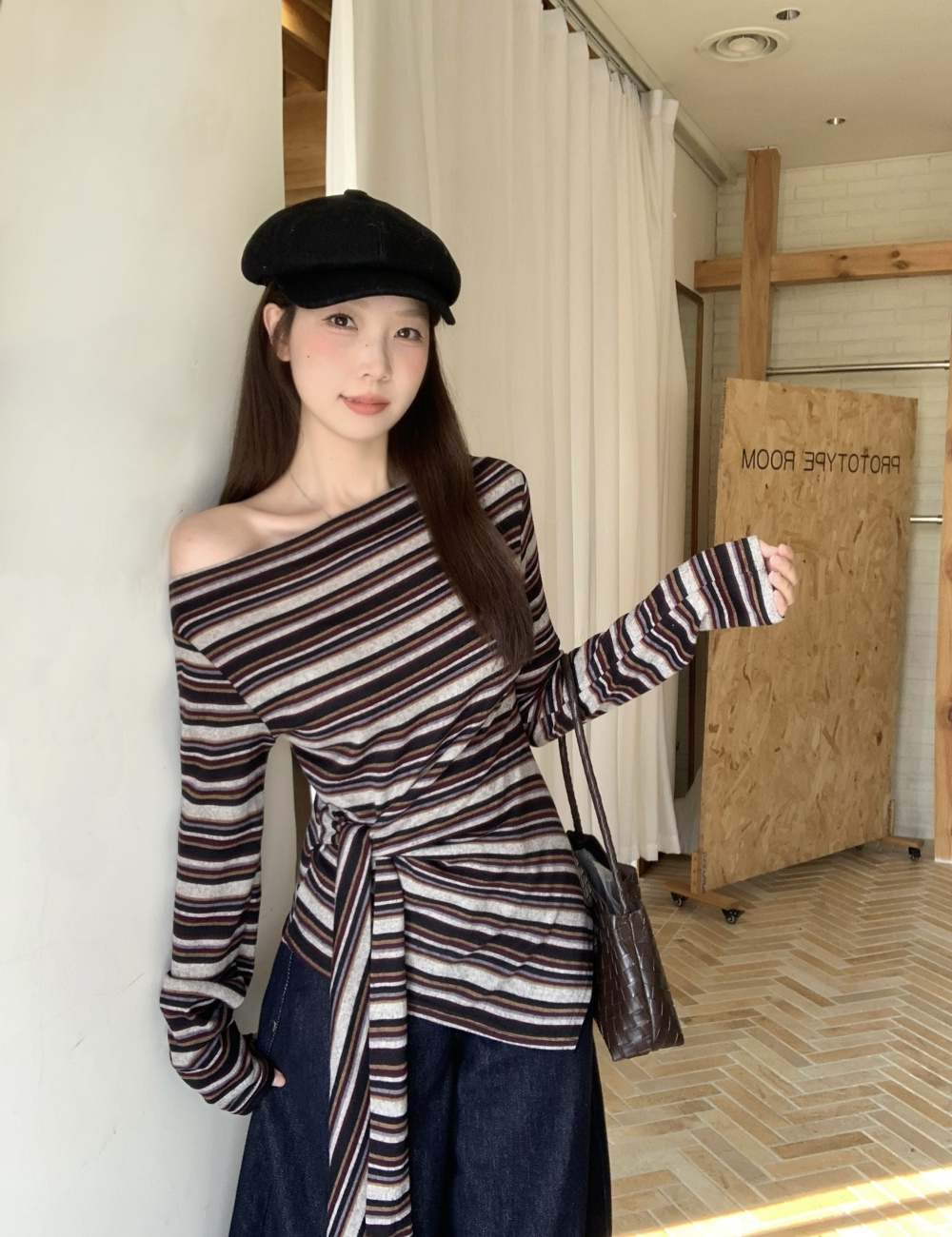 Korean style stripe tops large yard sloping shoulder T-shirt