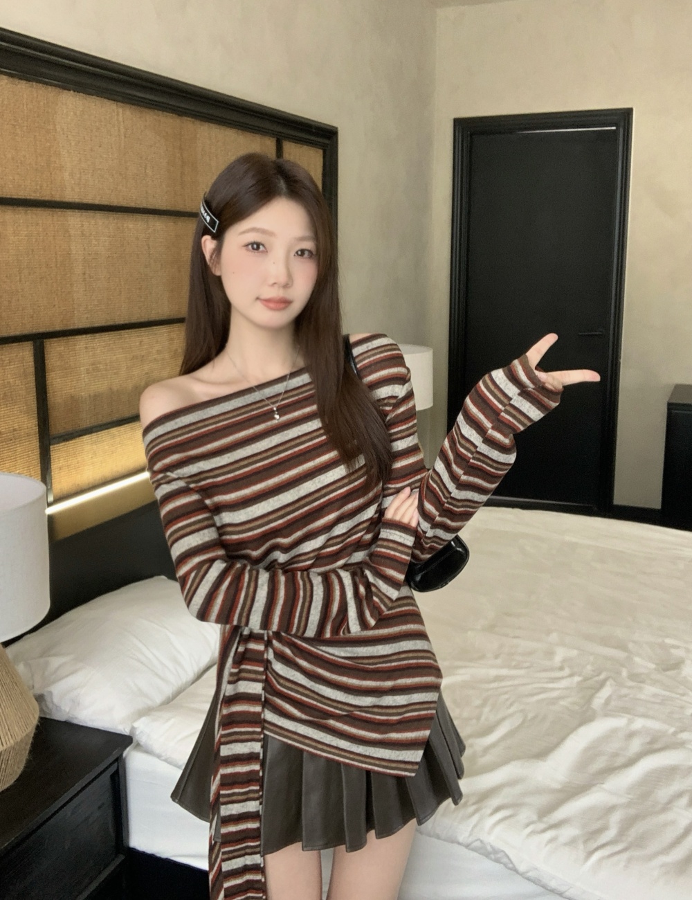 Korean style stripe tops large yard sloping shoulder T-shirt