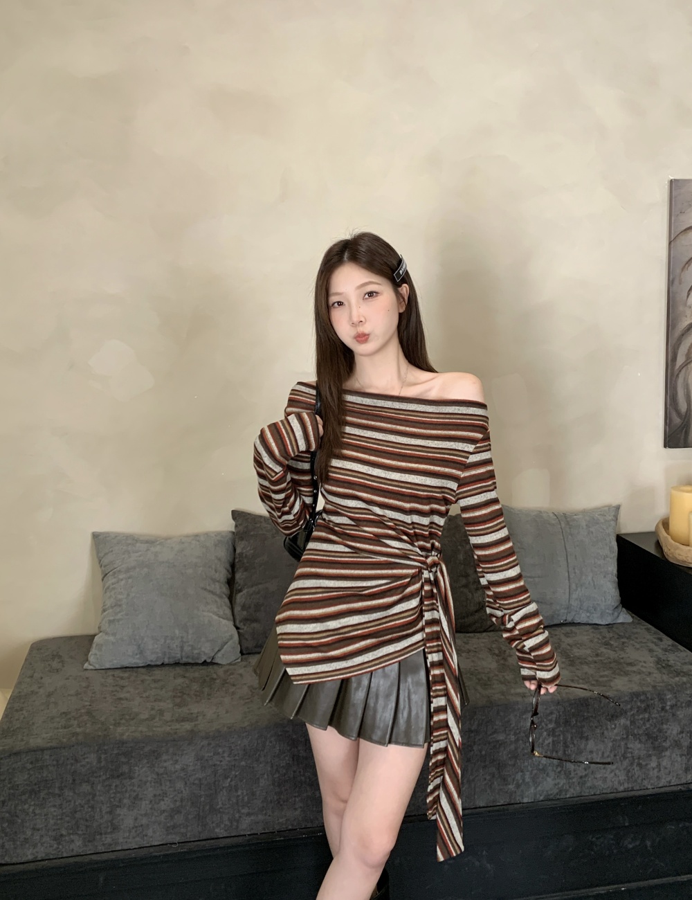 Korean style stripe tops large yard sloping shoulder T-shirt