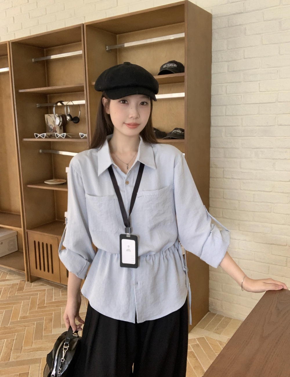 Korean style pinched waist shirt Casual slim tops