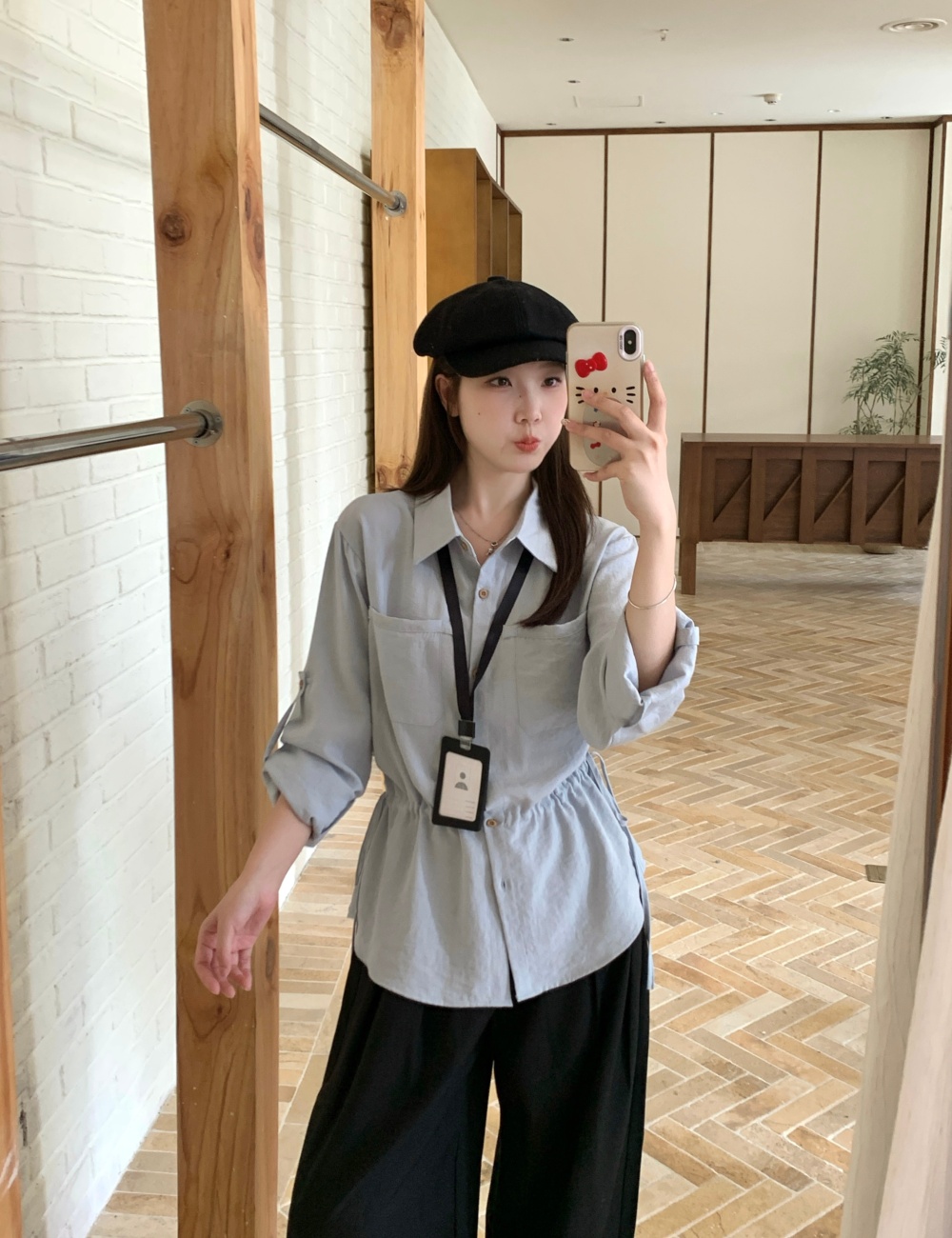 Korean style pinched waist shirt Casual slim tops