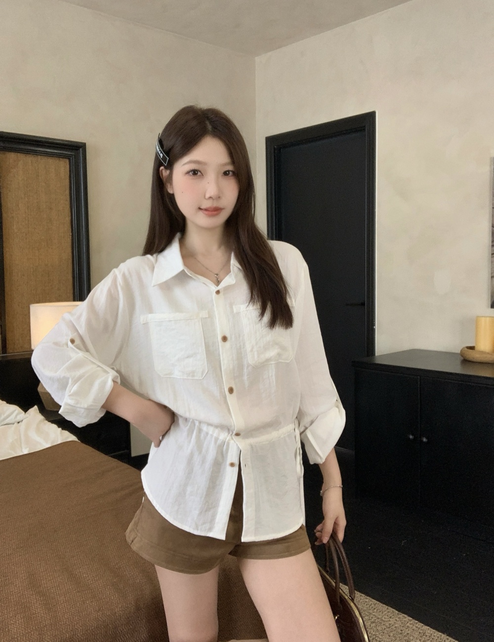 Korean style pinched waist shirt Casual slim tops