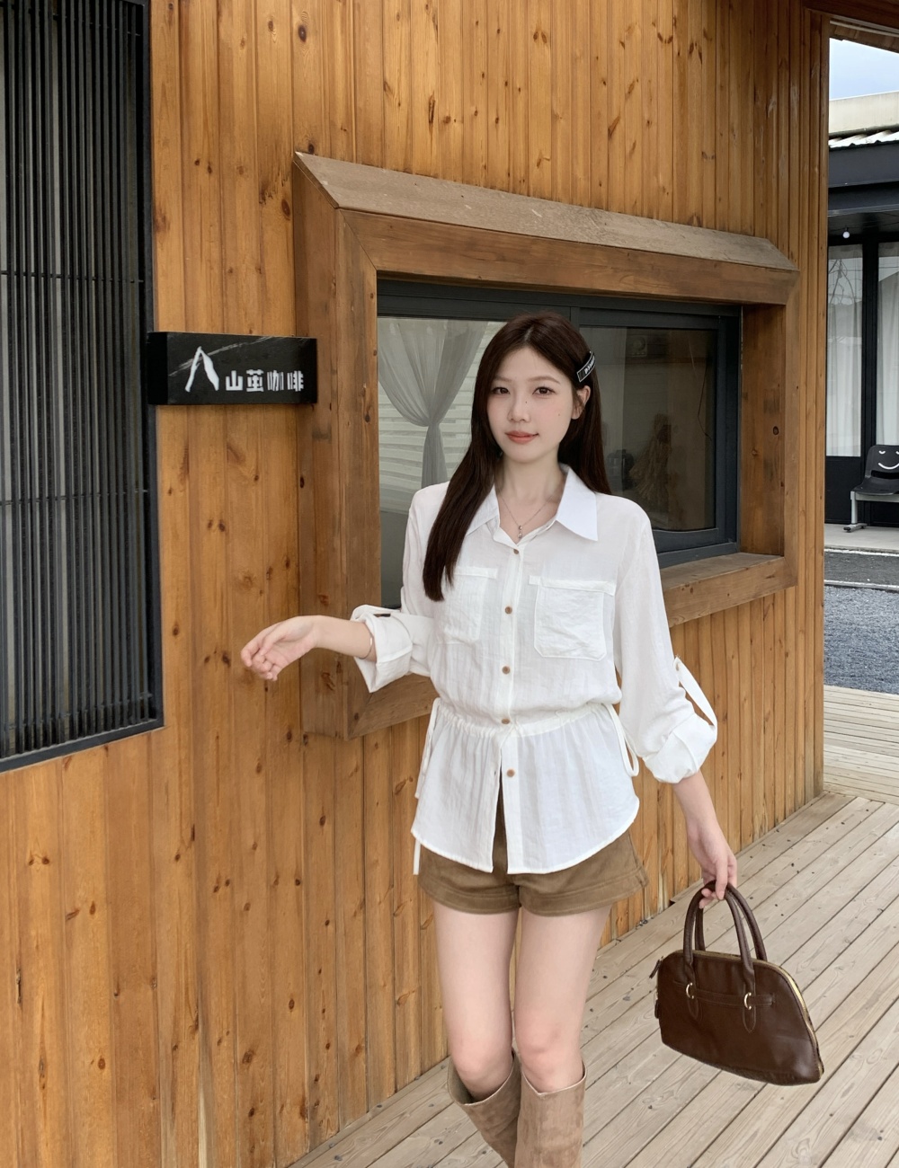 Korean style pinched waist shirt Casual slim tops